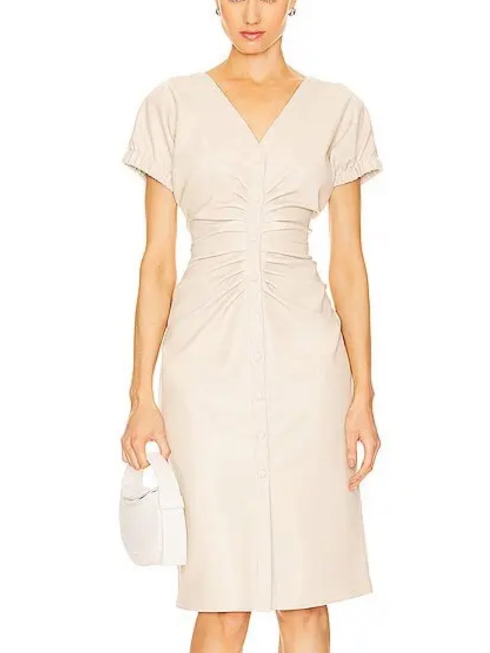 Steve Madden Arin Faux Leather Elegant Cream Ruched Midi Dress in Bone NWT